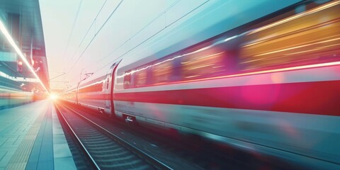 Fototapeta premium A train is moving down the tracks with a bright orange and red stripe