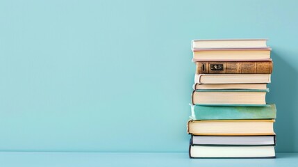 Fototapeta premium Stack of different books infront of a light blue background with copy space