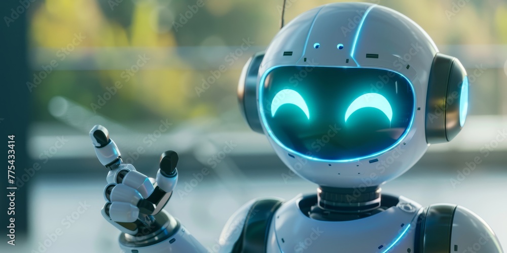 Poster a robot with blue eyes and a smile is pointing to the camera. the robot is white and has a blue face