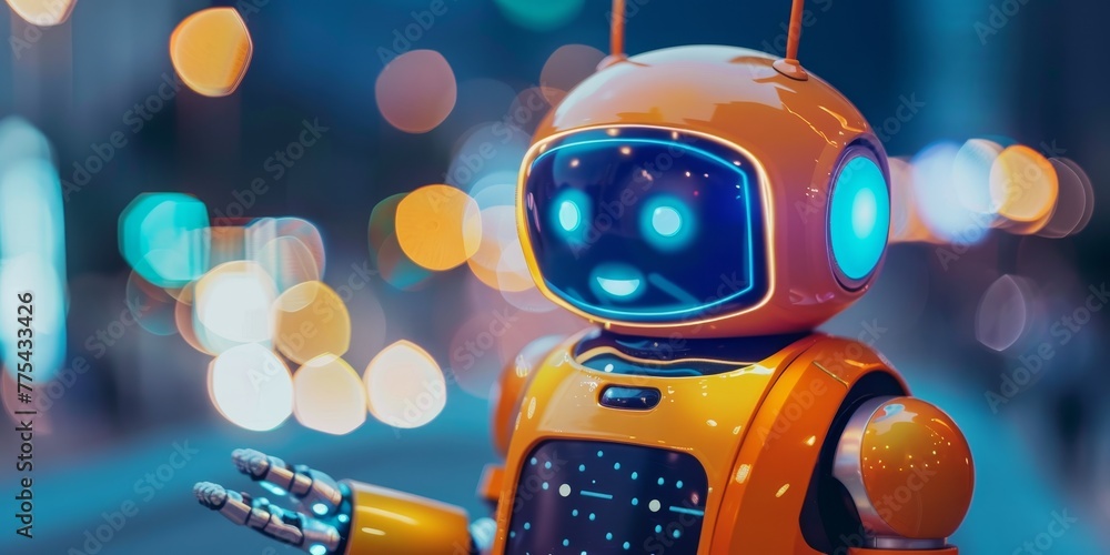 Poster a robot with a smiling face is standing on a street. the robot is orange and has a blue face. the ro
