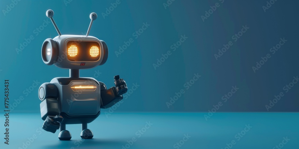 Poster a robot is standing on a blue background. the robot is holding a controller and has a smile on its f