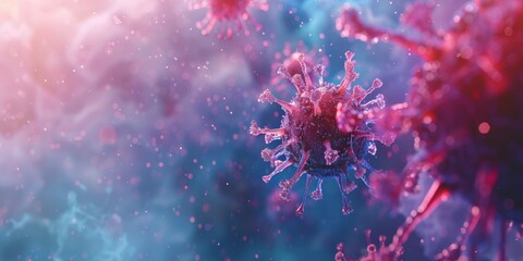 A close up of a virus with a pinkish hue. The virus is surrounded by a blue background - obrazy, fototapety, plakaty