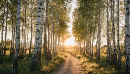a path in a birch grove at dawn the rising sun in the center