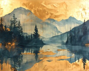 Traditional Chinese Landscape painting with gold color , for home decor, wall art, digital art print, wallpaper, background
