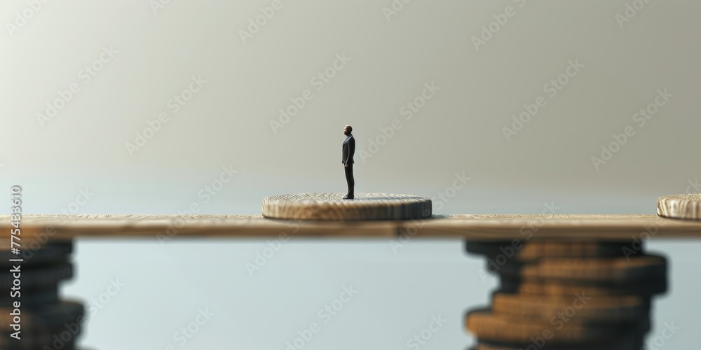 Poster a man stands on a bridge with a pile of coins in front of him. the coins are stacked in a pyramid sh