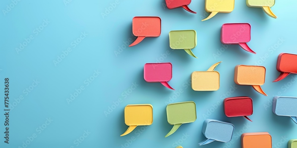 Poster a colorful array of paper cutouts of speech bubbles on a blue background. the speech bubbles are of 