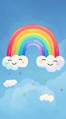 A smiling rainbow with colorful stripes stretching across a clear blue sky.