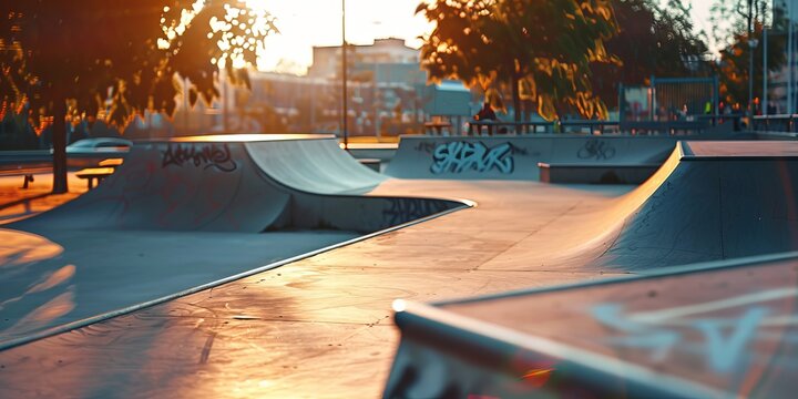 A skate park with graffiti on the walls and a bench in the background. The sun is setting, casting a warm glow on the scene