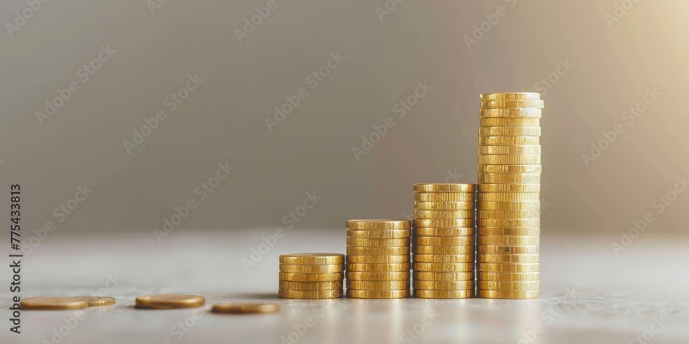 Poster a stack of gold coins on a table. the coins are piled up in a pyramid shape. concept of wealth and p