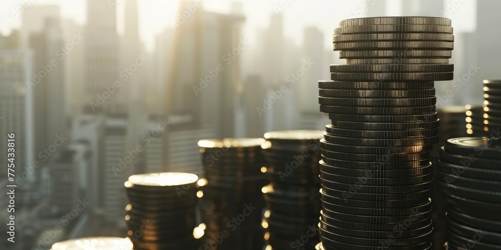 Poster a stack of coins is piled on top of each other in a city setting. the coins are black and shiny, and