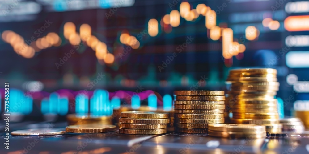 Poster a pile of gold coins sits on a table next to a graph. the coins are stacked in a pyramid shape, with