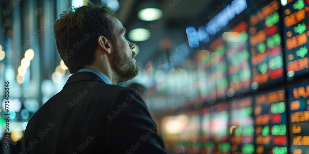 Poster a man in a suit is looking at a computer screen with many numbers on it. the man is focused and seri