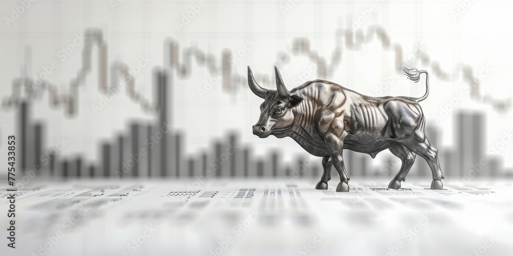 Poster a bull is standing in front of a graph with a downward trend. the bull is a symbol of strength and p