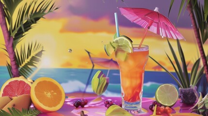 Glamorous cocktail mix photograph with artificial fruit and umbrella against the backdrop of a bright and stylish bar, no text, no inscriptions, no advertising ::3 oil painting ::3 --ar 16:9 --quality