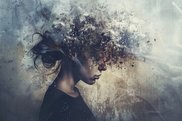 Artistic depiction of a woman with her head dissolving into particles, symbolizing mental illness challenges - obrazy, fototapety, plakaty