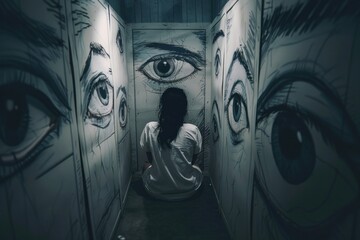 Woman in a dim corridor, enclosed by surreal eye drawings, evoking a feeling of psychological turmoil - 775433863