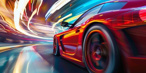 A red sports car is speeding down a road with a blurred background. The car is the main focus of the image, and the blurred background suggests motion and speed. Scene is energetic and exciting