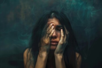 Compelling depiction of a woman facing the daunting struggles of mental illness - obrazy, fototapety, plakaty