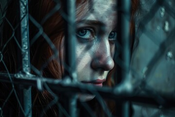 Woman's despairing expression as she looks through a metallic cage, representing mental confinement - obrazy, fototapety, plakaty