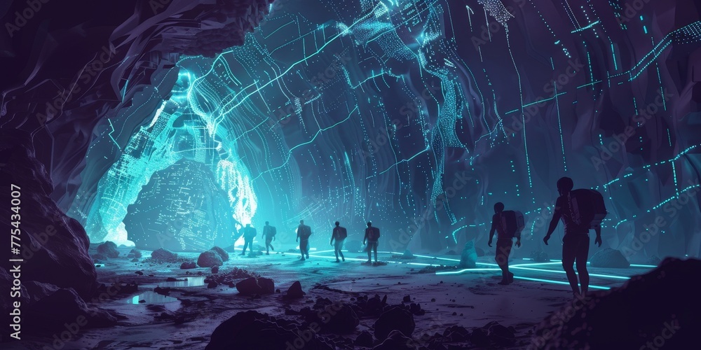 Poster a group of people are walking through a tunnel with neon lights. scene is mysterious and adventurous