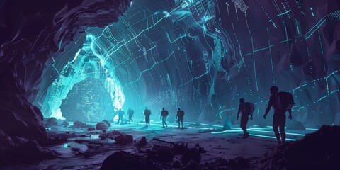 A group of people are walking through a tunnel with neon lights. Scene is mysterious and adventurous