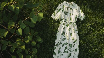 Organic cotton casual dress with natural leaf print, presented against a green pastoral backdrop, showcasing a combination of fashion and eco-friendly materials, no text, no writing, no advertising -