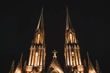 Exteriors seen at night of the Cathedral "Diocesan Sanctuary of Our Lady of Guadalupe" of Zamora Michoacan, shows Gothic style architecture.