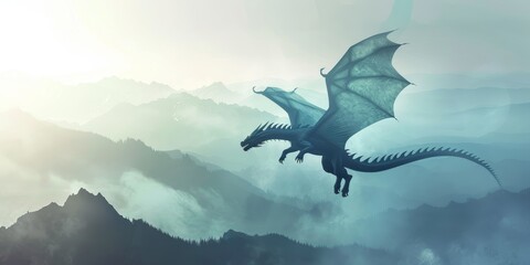 A blue dragon is flying over a mountain range. The sky is cloudy and the mountains are covered in trees. The dragon is the main focus of the image, and it is soaring through the air with grace - obrazy, fototapety, plakaty