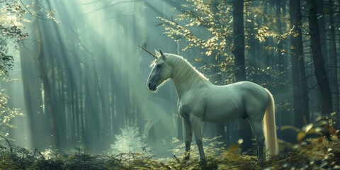 A white unicorn stands in a forest with sunlight shining through the trees. Concept of magic and wonder, as the unicorn is a mythical creature often associated with fantasy and imagination