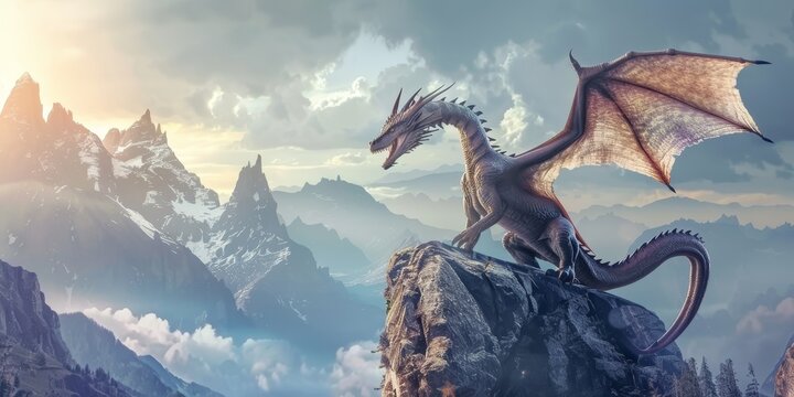 A dragon is perched on a rocky mountain peak, looking out over the landscape. The scene is serene and majestic, with the dragon being the focal point of the image