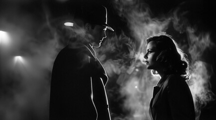 Vintage Film Noir Still Frame with Couple in a Misty Encounter