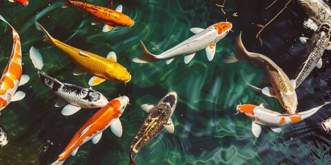 A group of koi fish swimming in a pond. The fish are of various colors, including orange, black, and white. The scene is peaceful and serene, with the fish moving gracefully through the water