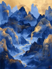 Landscape painting with gold foiled and blue mountain in Chinoiserie style for home decor, wall art, digital art print, wallpaper, background - obrazy, fototapety, plakaty
