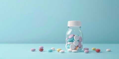 A jar of colorful pills is on a blue table. The pills are in various colors and shapes, and the jar is almost empty. Concept of abundance and variety - obrazy, fototapety, plakaty