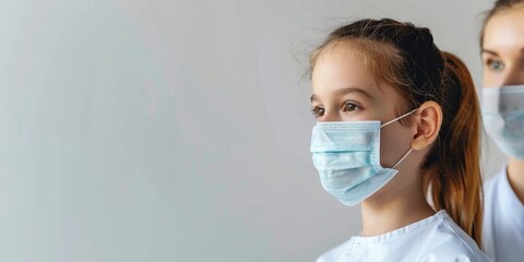 A girl wearing a blue surgical mask is standing next to a woman - obrazy, fototapety, plakaty