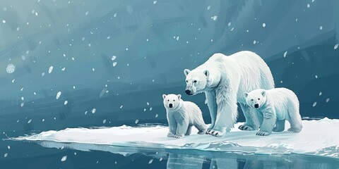 A painting of three polar bears standing on a frozen lake. The painting has a serene and peaceful mood, with the bears looking out onto the water - obrazy, fototapety, plakaty