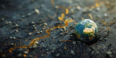 A small blue planet sits on a rocky surface. The planet is surrounded by a lot of rocks and debris, giving the impression of a desolate and barren landscape