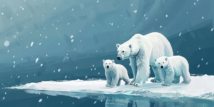 A painting of three polar bears standing on a frozen lake. The painting has a serene and peaceful mood, with the bears looking out onto the water