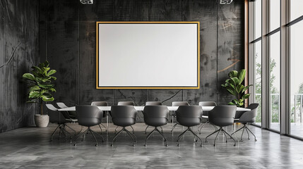 A sophisticated conference space with minimalist furnishings, highlighting an empty white frame on the wall for personalized branding