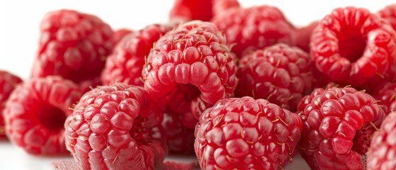   A cluster of raspberries arranged on a white platform against a pure white backdrop