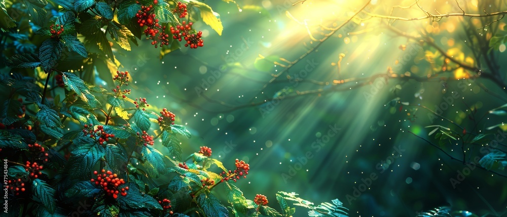 Poster a painting of a forest with red berries on a branch and sunlight filtering through leaves and branch