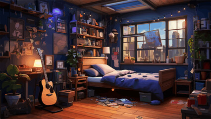 Cozy Teen Bedroom with Musical Influence and City View, vector illustration