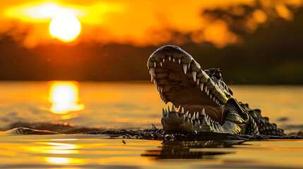 The image captures a crocodile with its mouth open, emerging from the water during a sunset. - obrazy, fototapety, plakaty