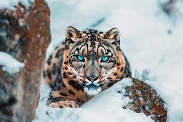 Snow leopard with piercing blue eyes, nestled among snow-covered rocks, contrast between the leopard's spotted fur and the pristine white snow created with Generative AI Technology
