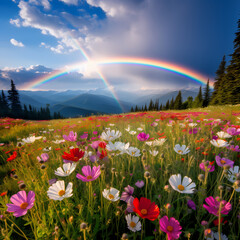 A field of wildflowers with a rainbow in the background