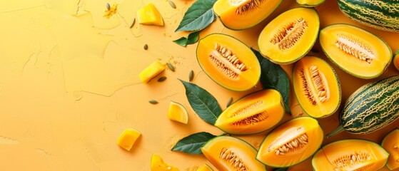   A group of melons sits on a table with leaves and sliced melons on a yellow surface - obrazy, fototapety, plakaty