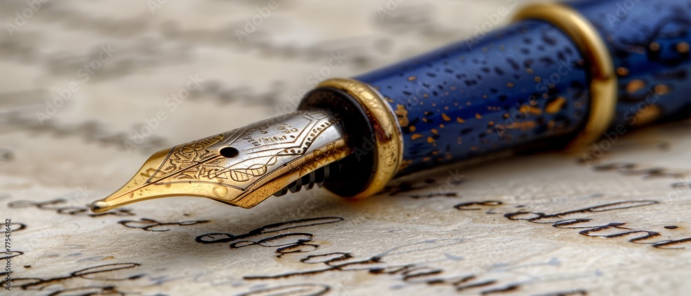 Poster a macro shot of a golden pen on parchment with ink flowing from it