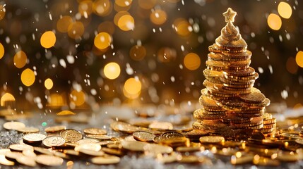 Christmas, golden money tree made of coin