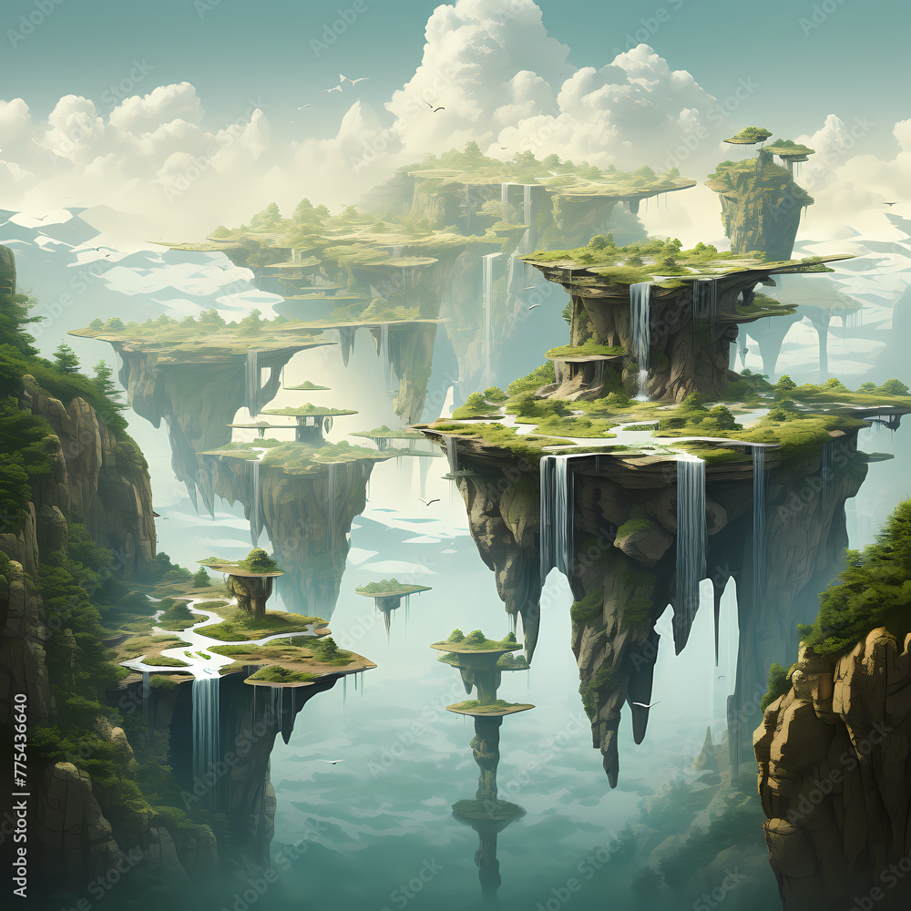 Poster A surreal landscape with floating islands and waterfalls