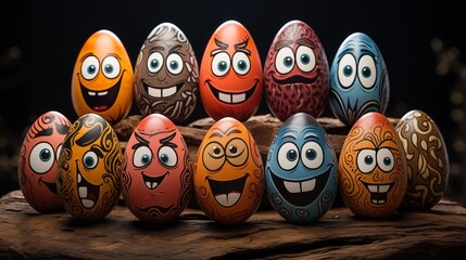 Whimsical Easter egg characters with faces drawn on them